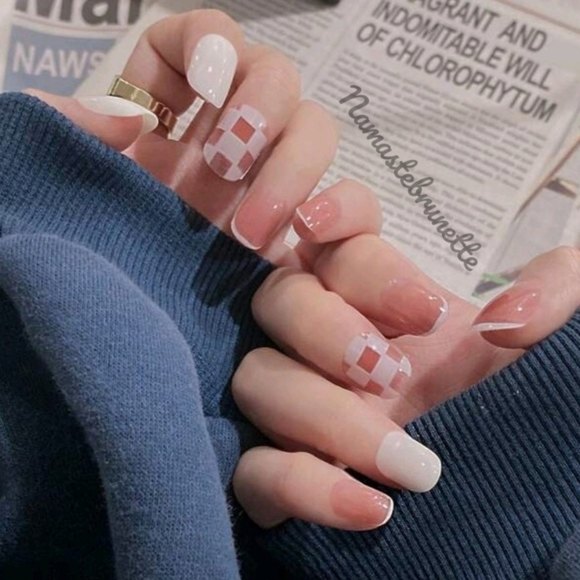 2/$16 Pink Checkerboard French Manicure Press On Nails - Picture 4 of 13